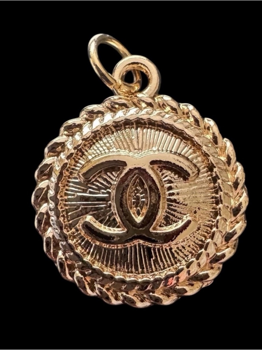 CHANEL Vintage CC Medallion Charm Gold Tone Rope Frame Radiant Sunburst Rare